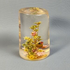 Vintage MCM DaisyGlas Co Paperweight Lucite Dried Real Flowers Floral Ladybug 3"